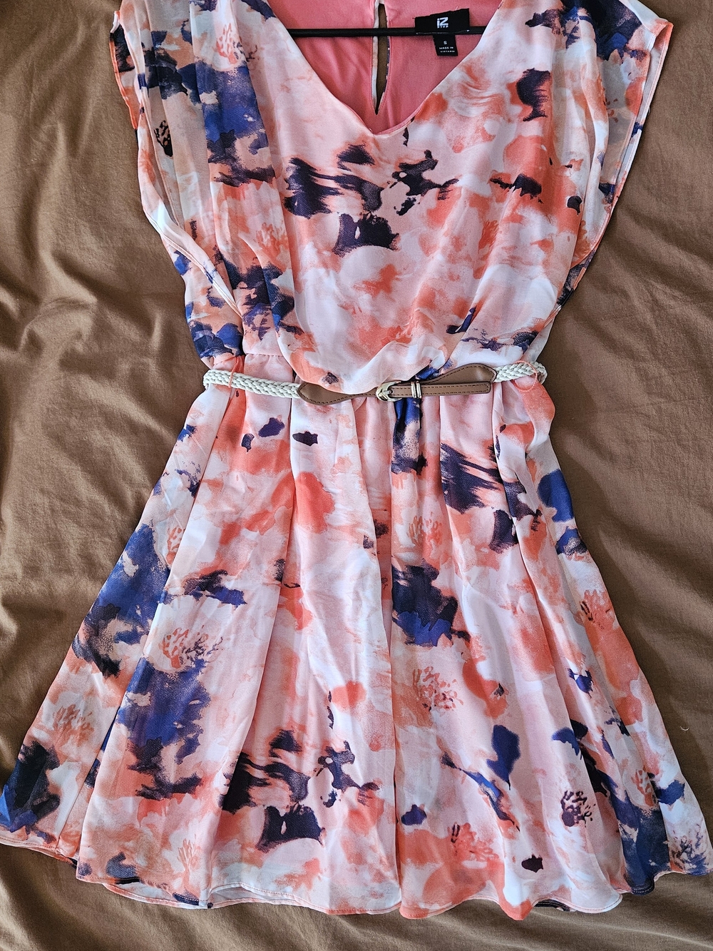 Iz Byer Coral and Navy Watercolor Floral Mini Dress